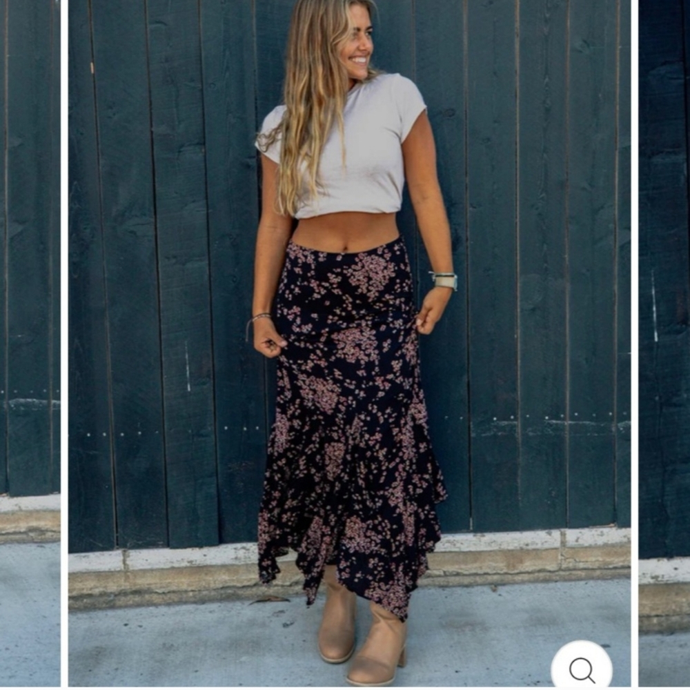 Free People Black Maxi Skirt with Pink Floral Print